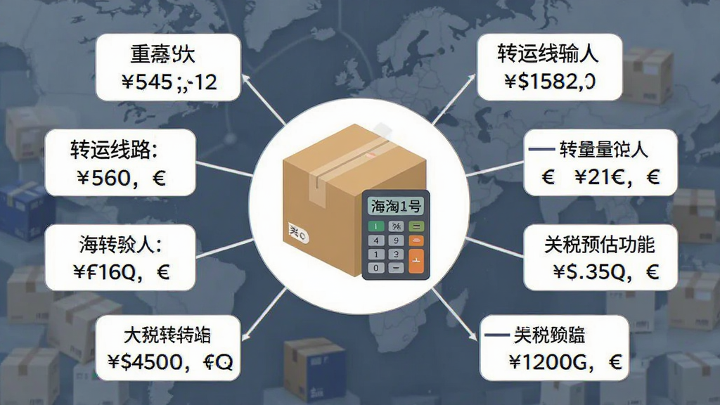 一张展示“海淘1号”转运与关税预估功能的示意图,画面中央为包裹与计算器图标,周围环绕不同转运线路标签与费用数字,布局居中发散,风格商务简约,细节包含重量单位与货币符号,画质清晰干净,无多余元素