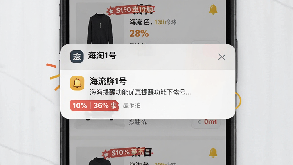 一张展示“海淘1号”优惠提醒功能的界面图,画面为手机通知栏弹出降价提醒,背景为商品列表页,布局纵向排列,风格活泼,细节包含折扣标签与铃铛图标,画质清晰干净,无多余元素