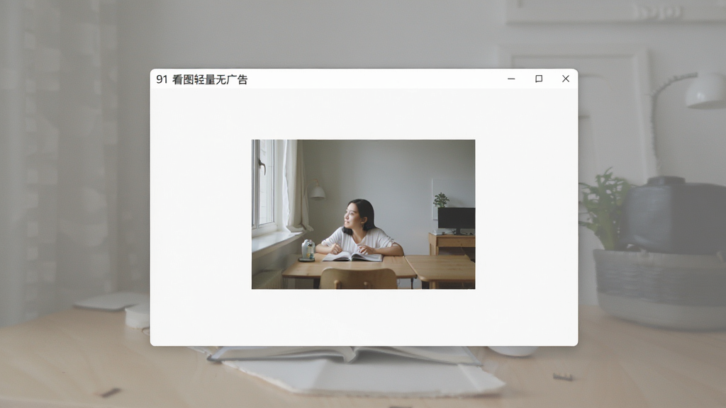一张展示91看图轻量无广告特点的图片,主体为软件界面干净清爽,布局为单窗口模式,排版上画面中仅有一张图片和简洁的菜单栏,风格为极简主义,细节包括无任何广告横幅、无弹窗、界面留白充足,画质清晰干净,无多余元素。