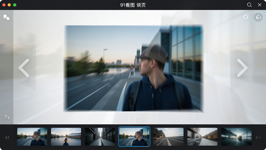 一张展示91看图快速翻页功能的图片,主体为软件界面中一张图片正在切换的瞬间,布局为全屏预览模式,排版上画面中央是高清图片,左右两侧有半透明的切换箭头,风格为科技感与简洁并存的界面设计,细节包括流畅的动态模糊效果、底部缩略图高亮显示,画质清晰干净,无多余元素。