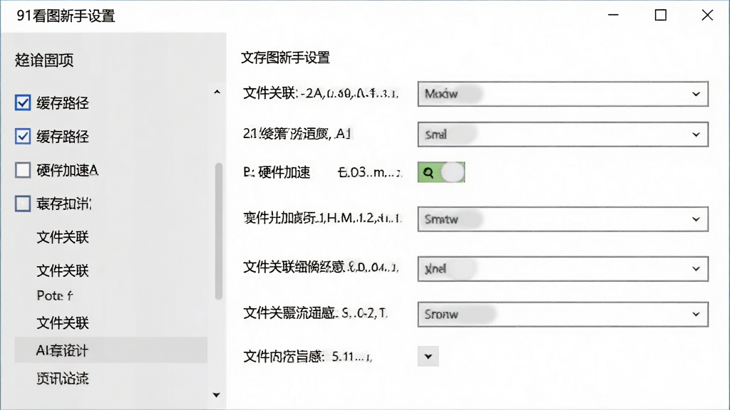 一张展示91看图新手设置界面的图片,主体为软件选项设置窗口,布局为左侧分类列表右侧详细选项,排版上显示缓存路径、硬件加速开关、文件关联等设置项,风格为简洁的Windows设置面板,细节包括清晰的标签文字、复选框、下拉菜单,画质清晰干净,无多余元素。