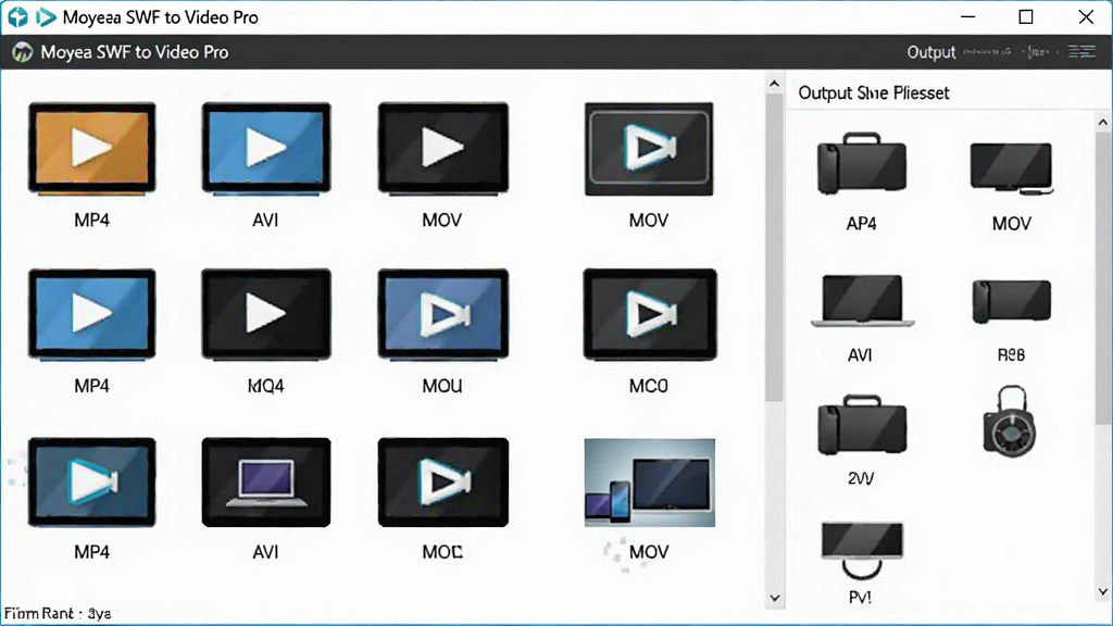 一张展示 Moyea SWF to Video Pro 多格式输出功能的图片,主体为软件界面中排列整齐的视频格式图标与输出设备预设列表,布局为横向排列展示多种格式,排版简洁明了,风格为扁平化科技风格,细节包含 MP4、AVI、MOV 等格式标识与设备图标,画质高清,画面干净,无多余元素