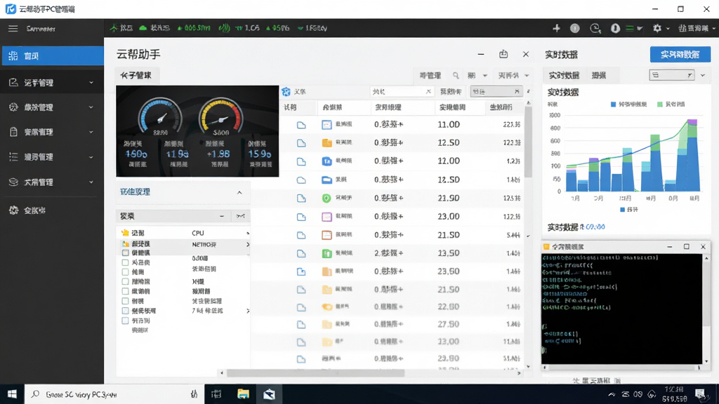 云帮手PC管理端软件界面全貌展示,主体为Windows电脑桌面上的服务器管理面板,布局包含左侧功能导航栏、顶部状态监控条、中央服务器列表与右侧实时数据图表,排版整齐清晰,风格为现代简约科技风,细节包含CPU内存磁盘网络监控仪表盘、文件管理窗口、命令行终端窗口,画质高清,干净,无多余元素