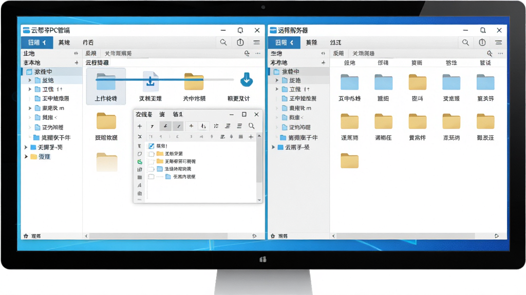 云帮手PC管理端远程文件管理功能展示,主体为Windows电脑屏幕上的双栏文件管理器界面,左侧为本地文件目录,右侧为远程服务器文件目录,布局采用左右分栏结构,排版清晰,风格为简洁商务风,细节包含文件上传下载进度条、在线文本编辑器窗口、文件夹图标,画质高清,干净,无多余元素