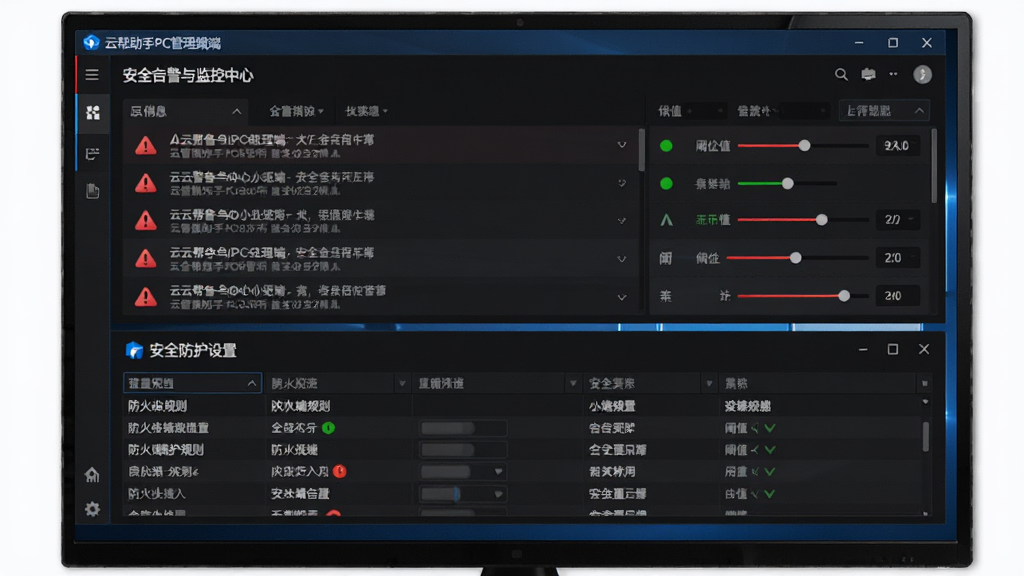 云帮手PC管理端安全告警与监控中心界面,主体为Windows电脑屏幕上的告警通知面板与安全防护设置页面,布局采用上下结构,上方为告警消息列表,下方为防火墙规则配置表格,排版规整,风格为深色科技风,细节包含红色告警图标、绿色正常状态标识、阈值设置滑块,画质高清,干净,无多余元素