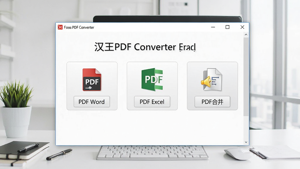 一张展示汉王PDF Converter软件主界面的图片,画面中央是软件窗口,窗口内清晰显示PDF转Word、PDF转Excel、PDF合并等核心功能按钮,背景为简洁的办公桌面环境,主体突出软件界面布局,排版整齐,风格现代商务,细节上体现按钮图标和文字标签,画质清晰,干净,无多余元素