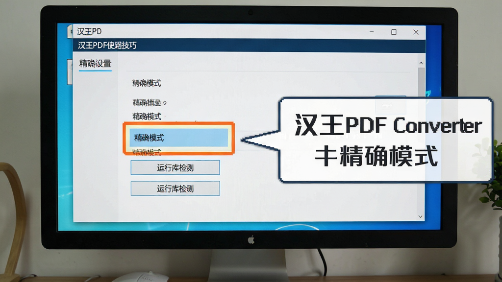 一张展示汉王PDF Converter使用技巧的图片,画面为电脑屏幕显示软件设置界面,界面中高亮显示“精确模式”选项和“运行库检测”按钮,旁边有提示文字框,布局清晰,风格教程指引,细节上突出设置选项和提示信息,画质清晰,干净,无多余元素
