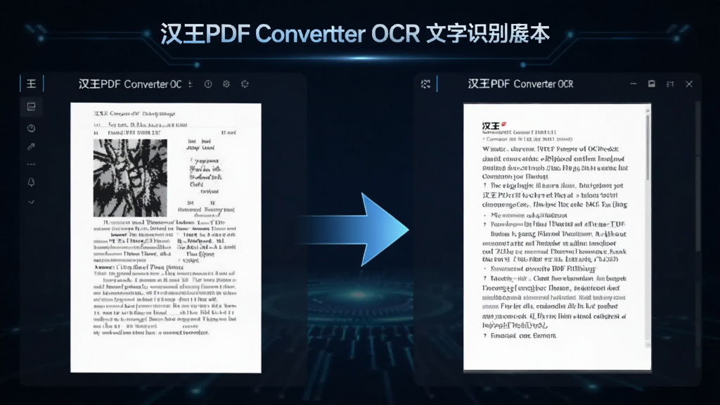 一张展示汉王PDF Converter OCR文字识别功能的图片,画面左侧为一份扫描版PDF文档,右侧为识别后生成的可编辑文字内容,中间用箭头连接,界面布局左右对比清晰,风格智能科技,细节上体现文字从图像到文本的转换过程,画质清晰,干净,无多余元素