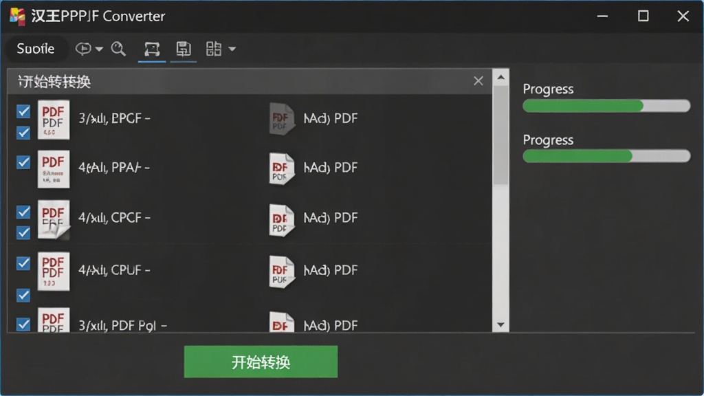 一张展示汉王PDF Converter批量处理功能的图片,画面中软件界面内列出多个PDF文件,每个文件前有勾选框,底部有开始转换按钮,界面右侧显示进度条,整体布局规整,风格高效办公,细节上体现文件列表和操作按钮,画质清晰,干净,无多余元素
