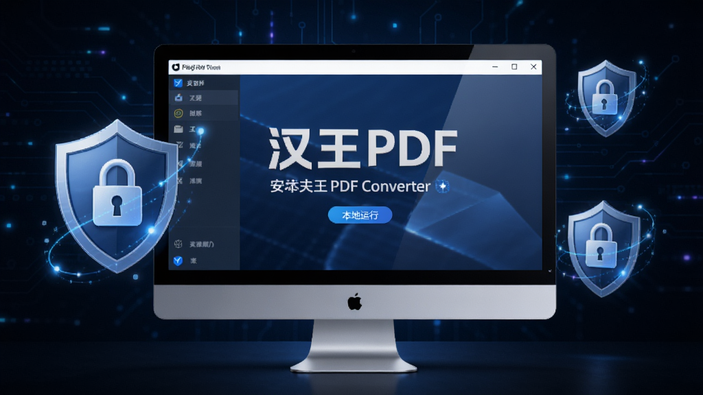 一张展示汉王PDF Converter安全本地运行概念的图片,画面主体为电脑屏幕显示软件界面,屏幕周围有盾牌和锁的图标元素,背景为深色科技风格,布局以软件界面为中心,风格安全可靠,细节上突出防护符号和界面文字,画质清晰,干净,无多余元素