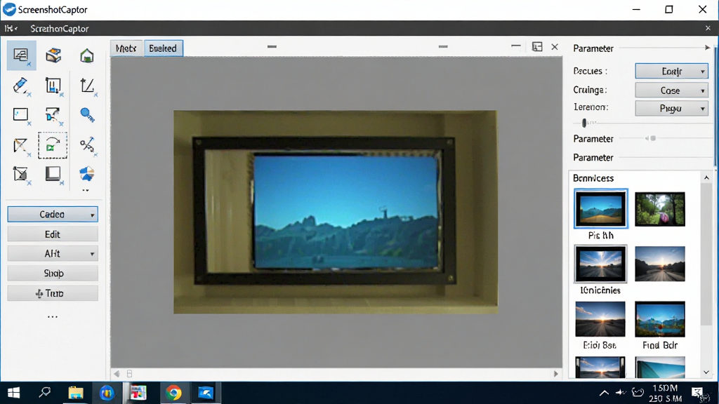 一张展示 ScreenshotCaptor 软件主界面的图片,主体为 Windows 桌面上的截图编辑窗口,布局为左侧工具栏、中间截图预览区、右侧参数面板,排版整齐清晰,风格为现代软件界面写实风格,细节包含截图工具图标、编辑按钮、图片缩略图列表,画质清晰干净,无多余元素。