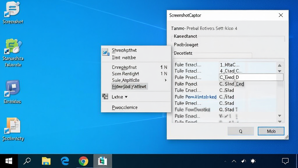 一张展示 ScreenshotCaptor 在 Windows 系统中运行时的托盘图标与快捷键设置界面的图片,主体为桌面右下角系统托盘区域和弹出的设置小窗,布局为横向托盘栏与悬浮设置面板,排版自然,风格为 Windows 系统界面写实风格,细节包含软件图标、右键菜单、快捷键列表,画质清晰干净,无多余元素。