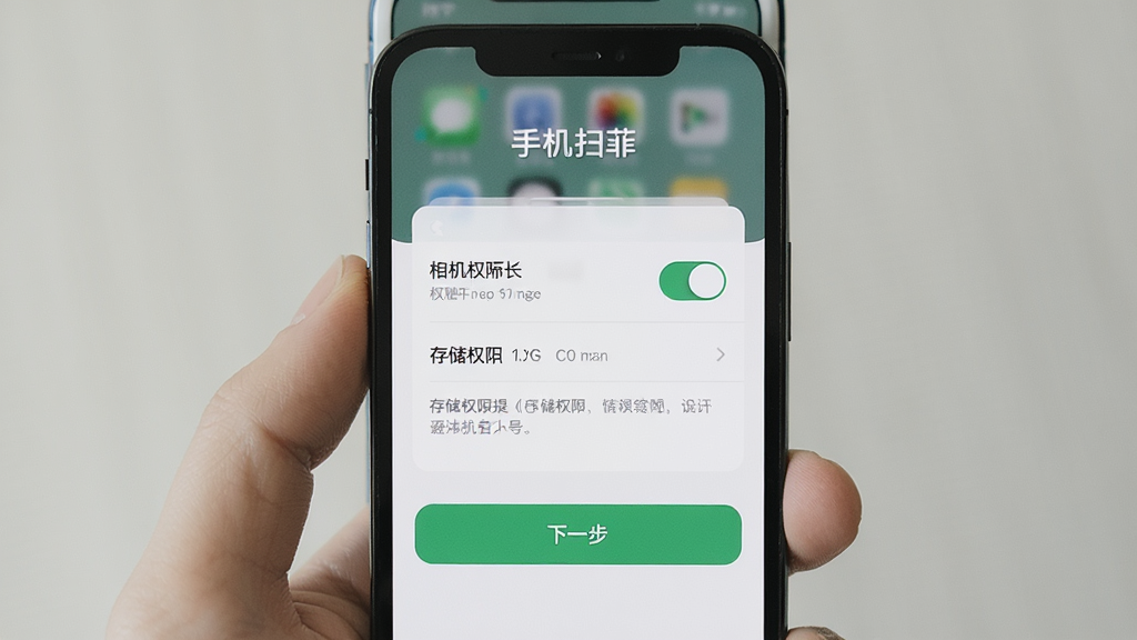 手机扫菲新手安装设置界面,画面展示手机屏幕中的权限开启引导页面,主体为手机和设置选项,布局居中,排版简洁,风格为清爽素雅,细节包含相机权限开关、存储权限提示、下一步按钮,画质清晰干净,无多余元素,画面中文字标注“手机扫菲”