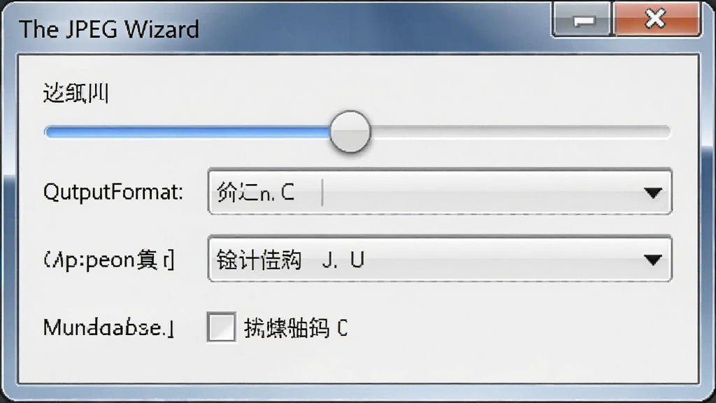 一张展示 The JPEG Wizard 压缩参数设置面板的图片,主体为软件参数调节界面,布局为纵向排列,排版清晰,风格为写实软件截图,细节包括质量滑块、输出格式下拉框、元数据复选框,画质高清,干净,无多余元素