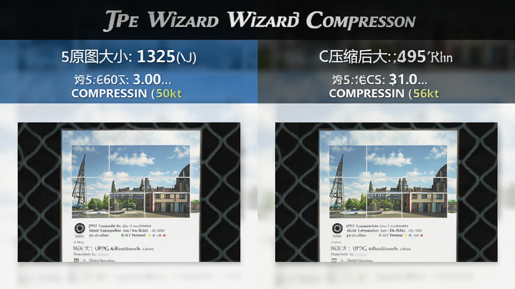 一张展示 The JPEG Wizard 智能压缩效果的对比图,主体为左右两张相同照片,布局为左右并排对比,排版上方标注原图大小与压缩后大小,风格为干净的产品演示图,细节包括文件体积数字对比、压缩比例标识,画质高清,干净,无多余元素