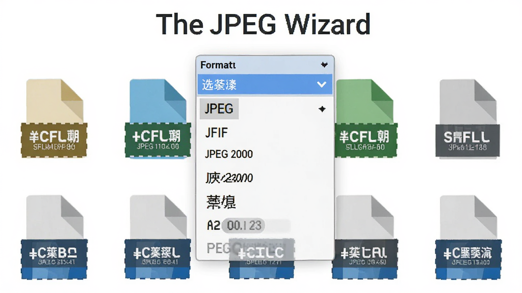一张展示 The JPEG Wizard 多格式支持特性的图片,主体为软件格式选择下拉菜单与文件图标,布局为中心对称,排版简洁,风格为扁平化图标风格,细节包括 JPEG、JFIF、JPEG 2000 等格式标识,画质高清,干净,无多余元素