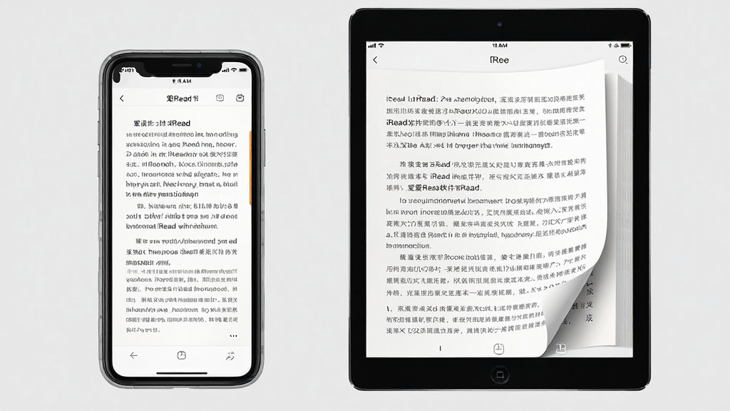 爱读书iRead软件功能展示图,主体是一部智能手机和一台平板电脑并排摆放,两部设备屏幕上都显示着爱读书iRead的阅读界面。布局为左右对称,背景是简洁的浅灰色。排版上突出设备的轻薄感。风格偏向科技数码风,细节上屏幕显示清晰的文字段落和仿真翻页的书页卷角。画质清晰,干净,无多余元素。