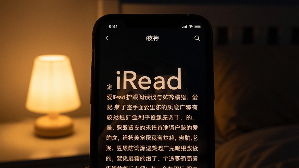 爱读书iRead护眼阅读场景图,主体是一张特写照片,展示爱读书iRead在手机上的夜间护眼模式界面,深色背景上显示着柔和的文字。布局采用居中特写,背景是昏暗的卧室环境,有一盏暖色小夜灯。排版突出屏幕亮度柔和。风格温馨舒适,细节上文字边缘清晰锐利。画质高清,干净,无多余元素。
