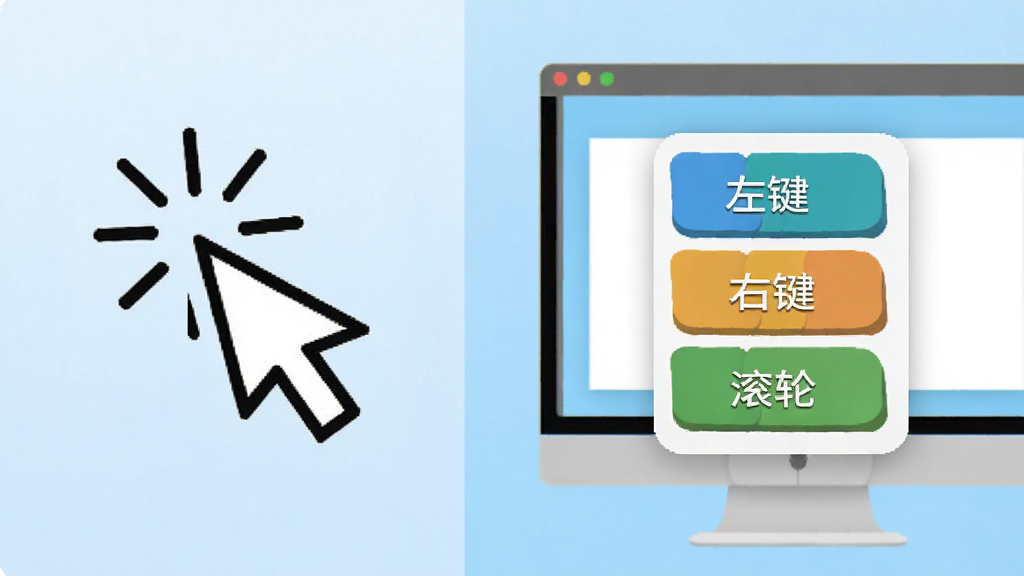 一张软件功能示意图,画面分为左右两部分,左侧是鼠标点击动作的图标,右侧是屏幕上显示的彩色鼠标按键浮层,浮层上标注着“左键”“右键”“滚轮”等字样,背景为浅蓝色渐变,整体风格简洁明快,画质清晰,无多余元素