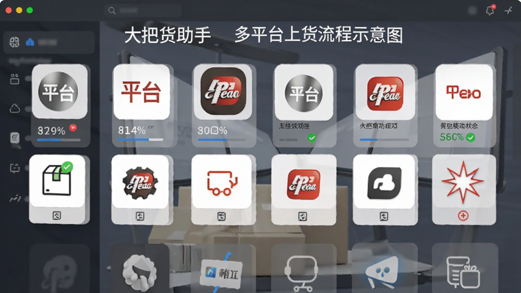 大把货助手多平台上货流程示意图,主体为软件界面中显示多个平台图标与上传进度,布局为横向排列,排版清晰,风格为简约商务风,细节包括平台logo、进度百分比、成功与失败状态标识,画质高清,画面干净,无多余元素