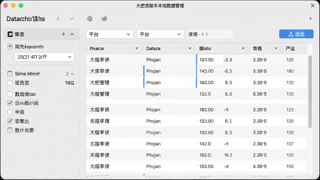 大把货助手本地数据管理界面,主体为软件窗口中的数据列表与筛选栏,布局为左侧筛选条件右侧数据表格,排版规整,风格为浅灰质感风,细节包括日期筛选、平台筛选、导出按钮,画质高清,画面干净,无多余元素