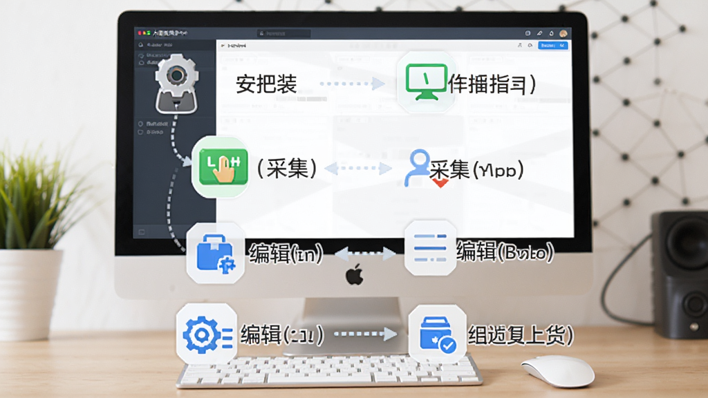 大把货助手新手操作流程图,主体为电脑屏幕中软件界面与步骤指引,布局为从上到下分步展示,排版清晰,风格为简洁教程风,细节包括安装、采集、编辑、上货四个步骤图标,画质高清,画面干净,无多余元素
