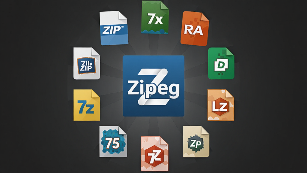 Zipeg软件功能展示图,主体为多个压缩格式图标围绕Zipeg软件logo,布局为圆形排列,排版居中,风格为扁平化设计,细节包括ZIP、RAR、7z等格式标签,画质高清,干净,无多余元素