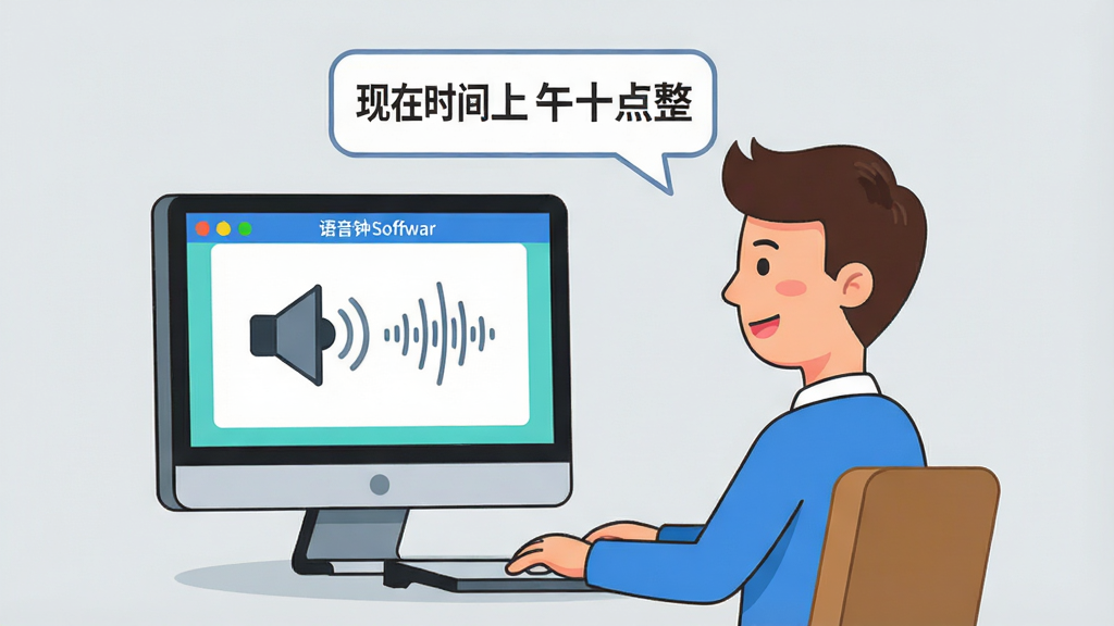 画面中一位卡通形象的职场人士坐在电脑前,电脑屏幕上显示语音钟软件界面,界面中有一个喇叭图标和声波图案,人物头顶有一个对话气泡,气泡内写着“现在时间上午十点整”,整体风格为扁平化插画,色彩明快,构图简洁,背景为浅灰色,高清画质,干净无多余元素