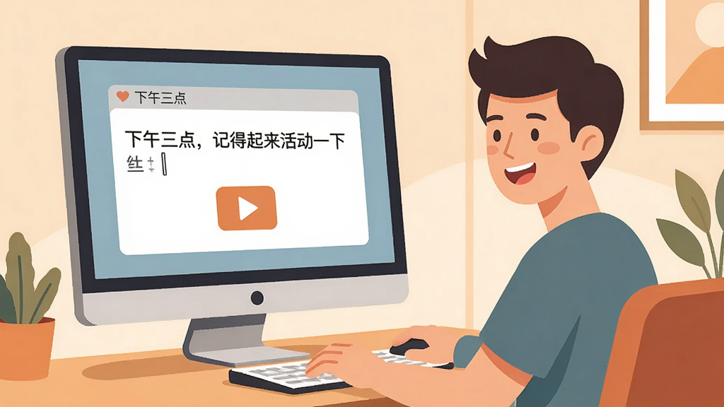 画面展示一个用户在电脑前自定义语音钟报时内容的场景,屏幕上有一个文本编辑框,里面写着“下午三点,记得起来活动一下”,旁边有一个播放按钮,人物表情轻松愉快,整体风格为现代扁平插画,色调温暖,高清画质,干净无多余元素