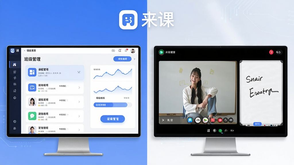 一张以“来课”软件功能为主题的图片,画面分为左右两部分,左侧展示课程列表和班级管理界面,右侧展示视频互动课堂和电子白板,屏幕上方有“来课”软件标识,整体布局采用对比式排版,风格简洁科技感,细节包括界面图标、按钮和进度条,画质清晰,画面干净,无多余元素