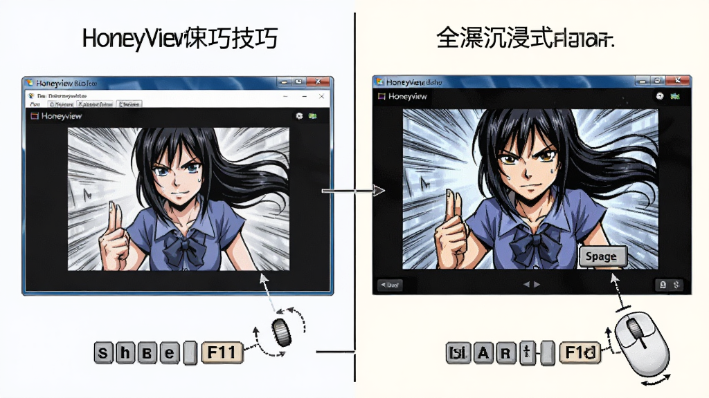 一张展示Honeyview使用技巧的示意图,主体是电脑屏幕显示Honeyview全屏浏览漫画的界面,布局采用分屏对比,左侧显示普通窗口模式,右侧显示全屏沉浸模式,排版简洁,风格为教学图解,细节包括清晰的键盘按键图标(如F11、空格键)和鼠标滚轮指示,画质清晰,干净,无多余元素