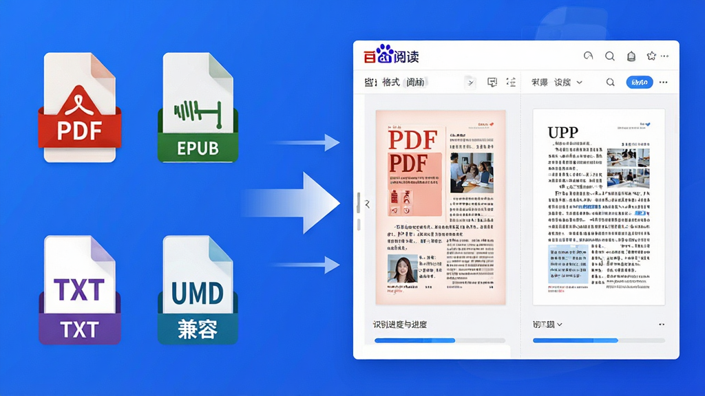 百度阅读器全格式文档兼容功能展示图,画面左侧是多种格式图标(PDF、EPUB、TXT、UMD)整齐排列,右侧是百度阅读器界面中同时打开PDF和EPUB文档的对比视图,中间用箭头连接表示格式转换与兼容,风格为科技感扁平插画,色调蓝白相间,细节包括文件格式徽标、文档缩略图、识别进度条,画质高清,画面干净整洁