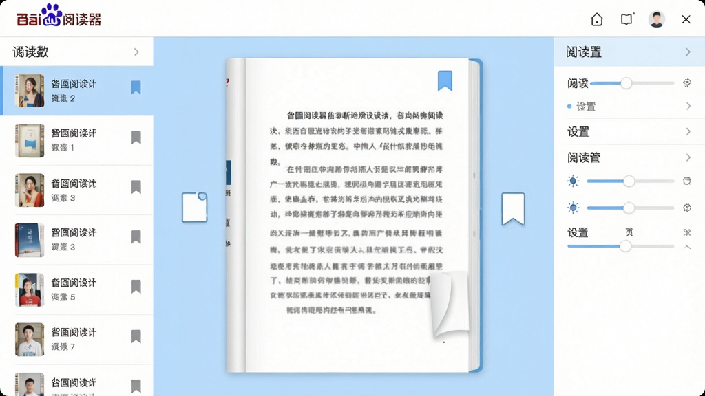 一张展示百度阅读器软件主界面的全景图,画面中央是打开的一本电子书,左右两侧分别是书架列表和阅读设置面板,整体布局简洁对称,采用扁平化设计风格,色调以白色和淡蓝色为主,细节包括翻页动画、书签图标、亮度调节滑块,画质清晰,界面干净,无多余元素