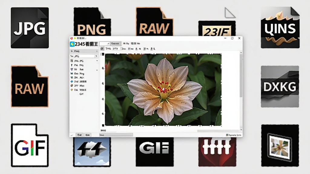 一张展示多种图片格式图标的拼贴画面,包括JPG、PNG、RAW、GIF等字样,背景为浅灰色,画面中央是
