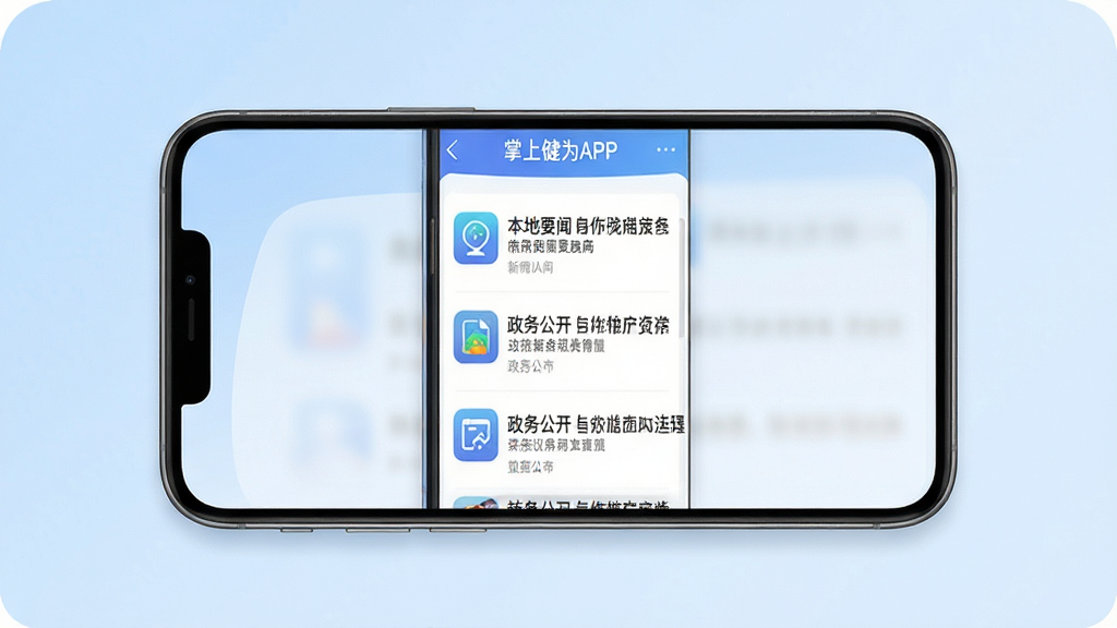 掌上犍为APP主界面预览图,画面主体为一部智能手机,屏幕内清晰展示“掌上犍为APP”的新闻资讯列表界面,包含本地要闻、政务公开等板块。布局采用居中排版,背景为柔和的浅蓝色渐变,风格简约现代,细节上突出图标与文字排版,画质高清,画面干净无多余元素。