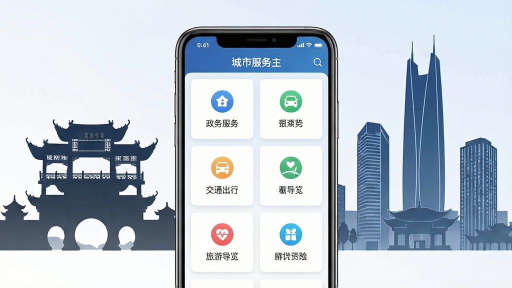 数字昆明应用主界面截图,画面中心展示手机屏幕,屏幕内呈现整洁的城市服务卡片布局,包含政务服务、交通出行、旅游导览等图标,背景为昆明标志性建筑剪影如金马碧鸡坊与现代楼宇融合,风格简洁现代,细节清晰,画质干净高清,无多余元素