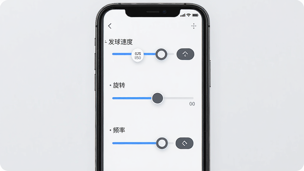 NovaShot实时参数调节功能展示图,主体为手机屏幕上显示发球速度、旋转、频率三个调节滑块,布局为纵向排列,排版整齐,风格为现代简约UI设计,细节包含滑块上的数值标签和调节按钮,画质高清,干净,无多余元素