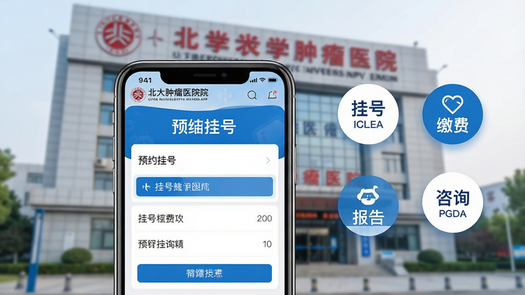 一张展现北大肿瘤医院APP核心功能的手机界面合成图,画面中央是一部智能手机,屏幕显示APP首页预约挂号界面,背景是北京大学肿瘤医院门诊大楼的虚化照片,画面右侧漂浮着挂号、缴费、报告、咨询四个圆形图标,整体布局简洁明了,风格为现代医疗科技感,细节包括医院logo、蓝色主色调、清晰的文字标签,画质高清,干净,无多余元素