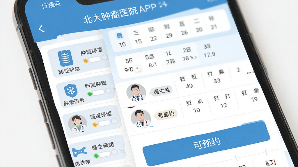 一张展示北大肿瘤医院APP预约挂号流程的界面截图风格图片,画面主体为手机屏幕,显示科室列表和医生排班表,有日期选择栏和号源状态标识,布局清晰,风格为扁平化医疗蓝,细节包括科室图标、医生头像、可预约按钮,画质高清,干净,无多余元素