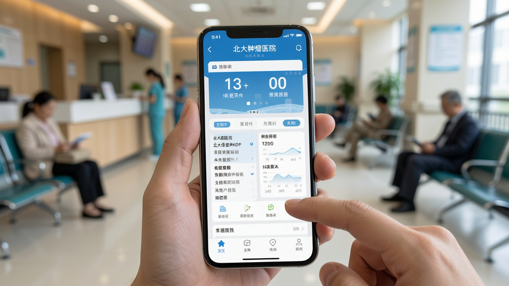 一张展示北大肿瘤医院APP在手机上流畅运行的场景图,画面为手持手机展示APP首页,背景为医院候诊区虚化环境,布局为竖屏手机界面,风格为真实使用场景,细节包括手指操作、屏幕清晰、界面元素完整,画质高清,干净,无多余元素