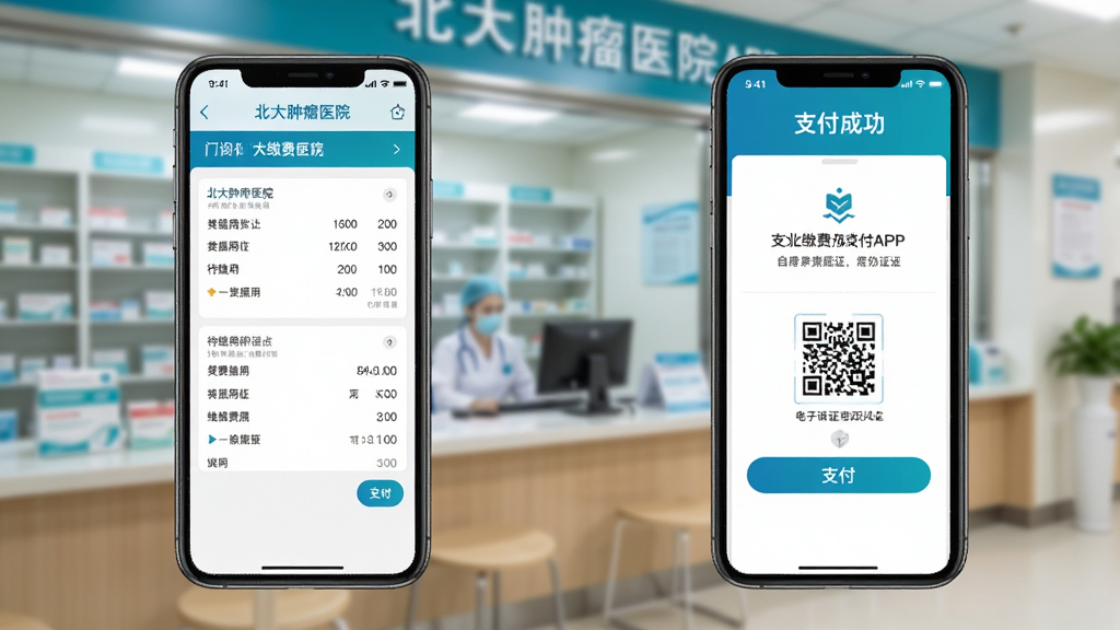 北大肿瘤医院APP门诊缴费功能界面展示图,手机屏幕显示待缴费列表和支付成功页面,背景为医院药房窗口虚化场景,布局为上下结构,风格为清爽医疗风,细节包括费用明细、支付按钮、电子凭证二维码,画质高清,干净,无多余元素