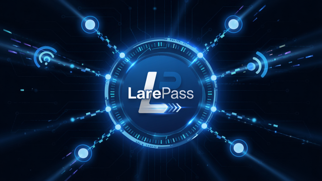 LarePass智能网络加速功能展示图,主体为抽象的网络节点连接示意图,布局以LarePass图标为中心向外辐射多条光线,排版突出加速效果,风格科技感与速度感结合,细节包含蓝色光晕与动态线条,画质高清,干净,无多余元素