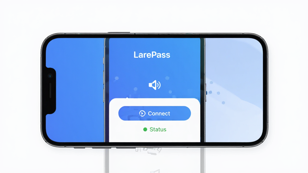 LarePass软件主界面预览图,主体为手机屏幕显示LarePass应用首页,布局居中展示连接按钮与状态指示,排版简洁清晰,风格现代科技感,细节包含蓝色渐变背景与白色图标,画质高清,干净,无多余元素