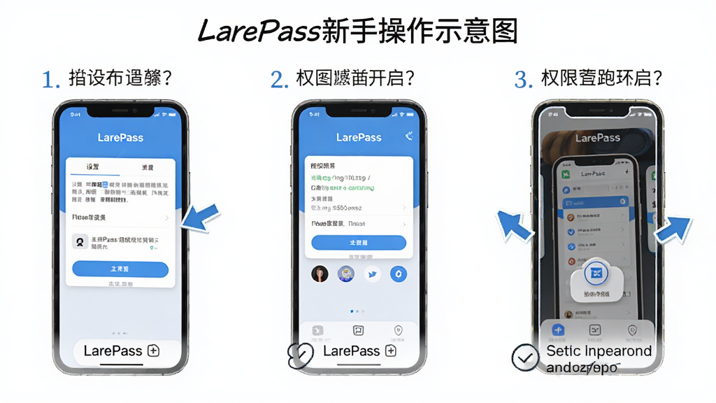 LarePass新手操作示意图,主体为手机屏幕展示LarePass设置界面与权限开启步骤,布局分步展示,排版清晰,风格教程指引,细节包含箭头标注与文字说明,画质高清,干净,无多余元素