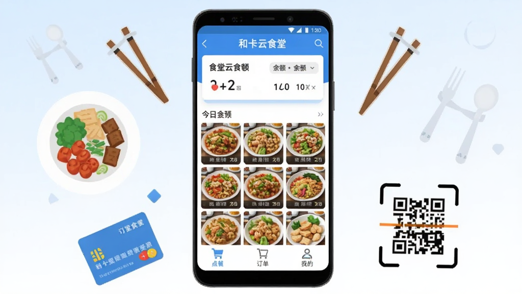 画面中央是一部竖屏安卓手机,屏幕内展示“和卡云食堂”应用首页界面,上方有食堂名称与余额卡片,中部为今日菜品九宫格缩略图,底部为点餐、订单、我的三个导航按钮。手机两侧漂浮着餐盘、筷子、饭卡、二维码扫描框等元素。整体采用扁平化插画风格,背景为浅蓝到白色的柔和渐变,细节干净利落,画质清晰,无多余装饰元素。