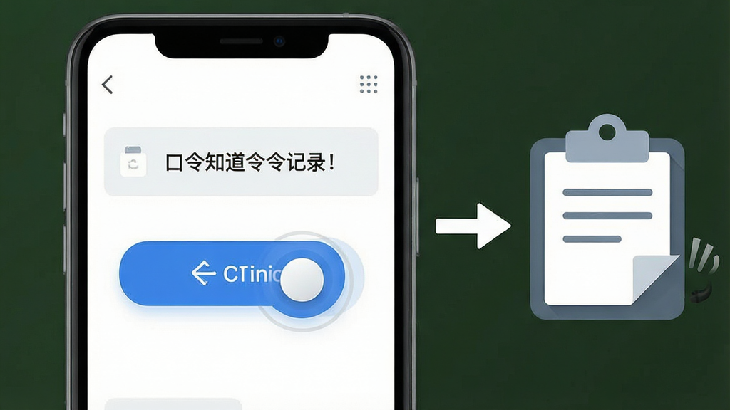 一张展示口令知道一键复制功能的图片,画面主体是手机屏幕,屏幕上显示一条口令记录和醒目的复制按钮,屏幕旁边有一个剪贴板图标和箭头指向剪贴板,整体布局为手机居中、剪贴板在右侧,排版简洁明了,风格为现代扁平化UI风格,细节上复制按钮有按压效果、剪贴板有粘贴动画感,画质高清干净,无多余元素。