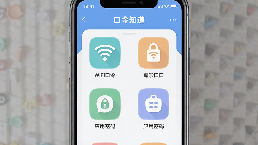 一张展示口令知道软件主界面的图片,画面中央是手机屏幕,屏幕上显示口令知道APP的首页界面,界面中有清晰的分类图标如WiFi口令、门禁口令、应用密码等,整体布局简洁清爽,风格为扁平化现代设计,细节上图标圆润、色彩柔和,画质高清干净,无多余元素。