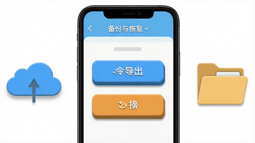 一张展示口令知道备份与恢复功能的图片,画面主体是手机屏幕,屏幕上显示备份与恢复界面,有导出和导入两个大按钮,屏幕旁边有云朵图标和文件夹图标,整体布局为屏幕居中、图标在两侧,排版对称式,风格为清新扁平化设计,细节上按钮有立体感、图标有轻微阴影,画质高清干净,无多余元素。