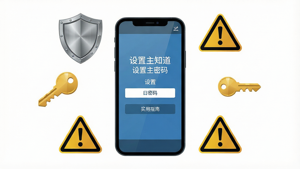 一张展示口令知道新手使用指南的图片,画面主体是手机屏幕,屏幕上显示设置主密码的界面,屏幕周围环绕着盾牌、钥匙、警告标志等图标,整体布局为屏幕居中、图标环绕,排版呈环形分布,风格为扁平化安全主题插画,细节上盾牌有金属质感、钥匙有光泽、警告标志醒目,画质高清干净,无多余元素。