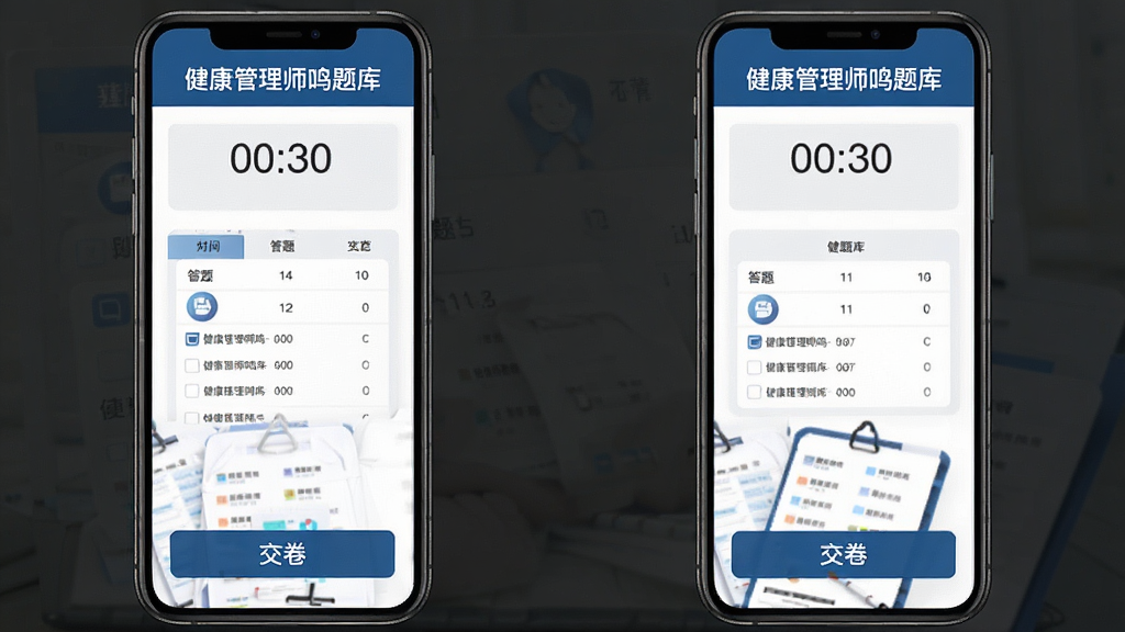 健康管理师鸣题库模拟考试界面,手机屏幕显示倒计时和答题卡,顶部有“健康管理师鸣题库”标识,底部有交卷按钮,界面风格严肃专业,布局合理,细节清晰,画质干净,无多余元素